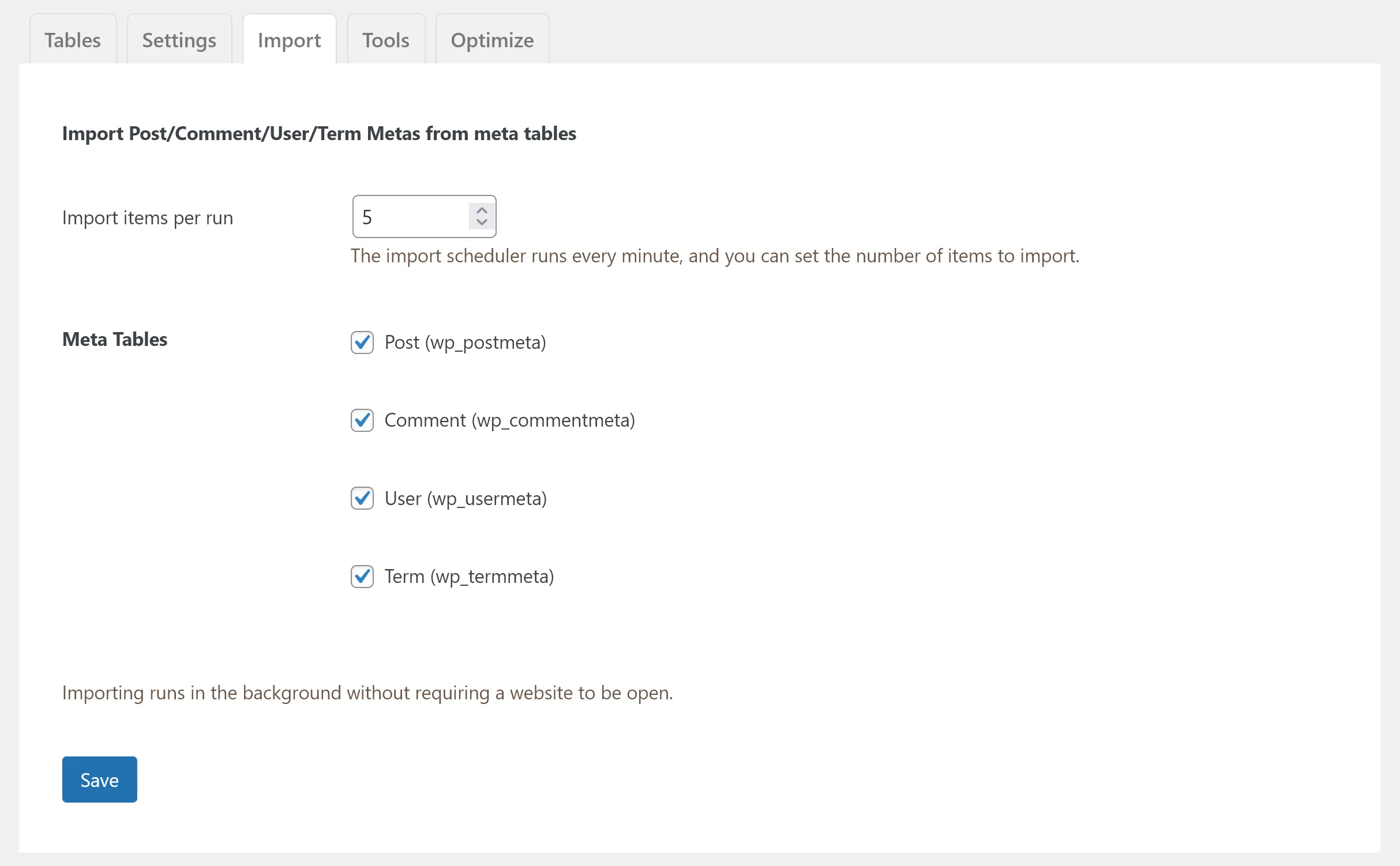 WP Meta Optimizer - Import tab, Import options