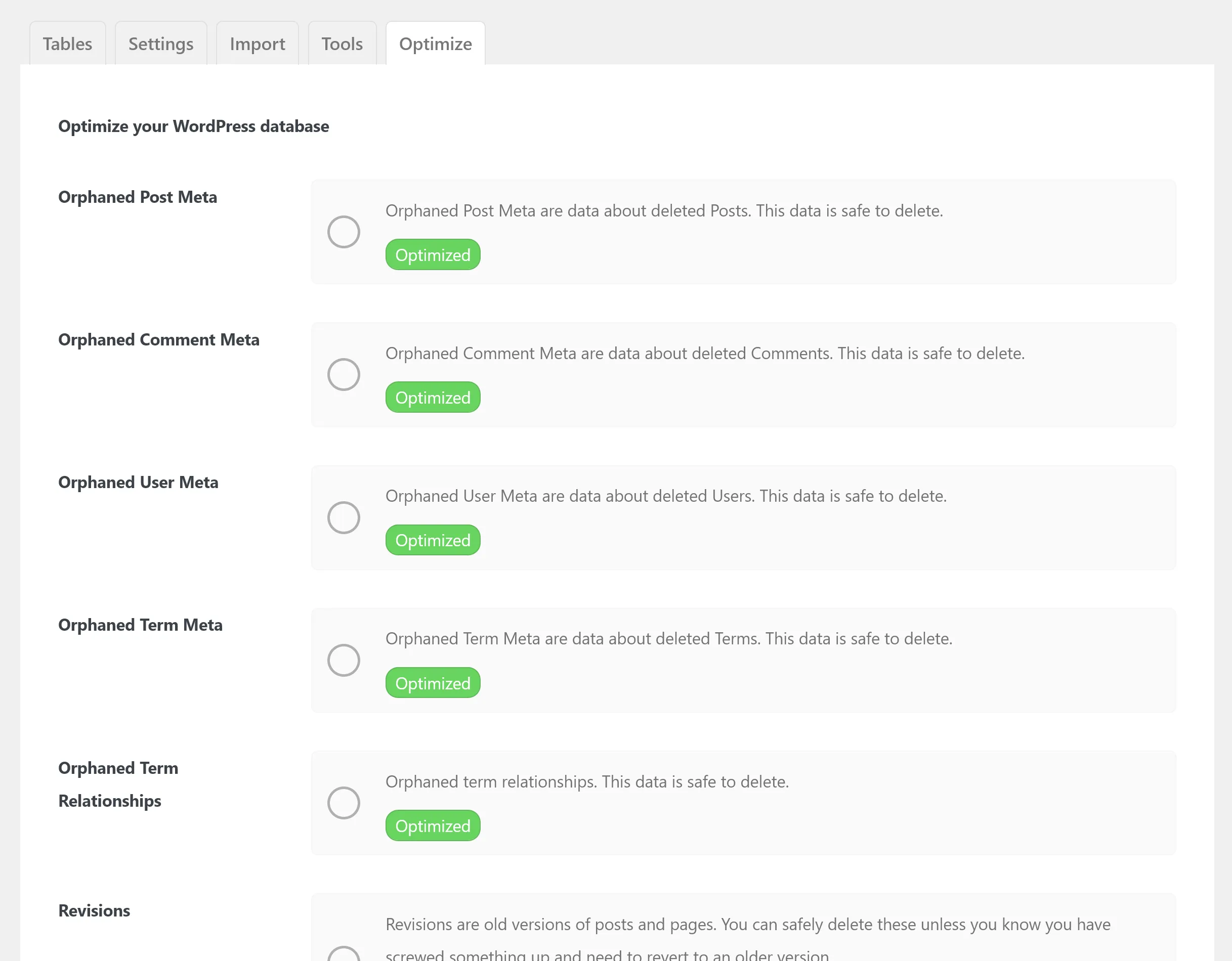 WP Meta Optimizer - Optimize tab