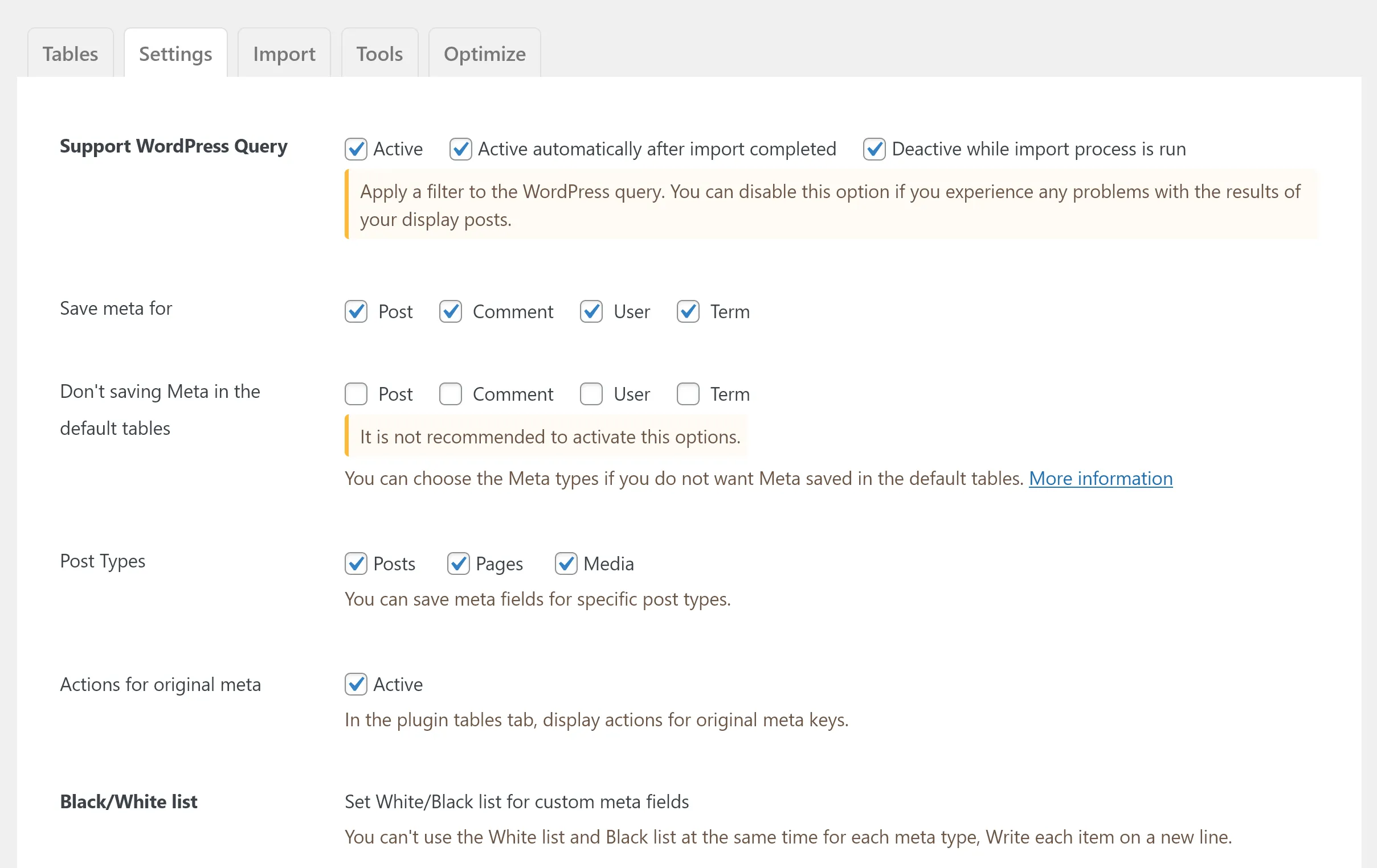 WP Meta Optimizer - Settings tab, Plugin options