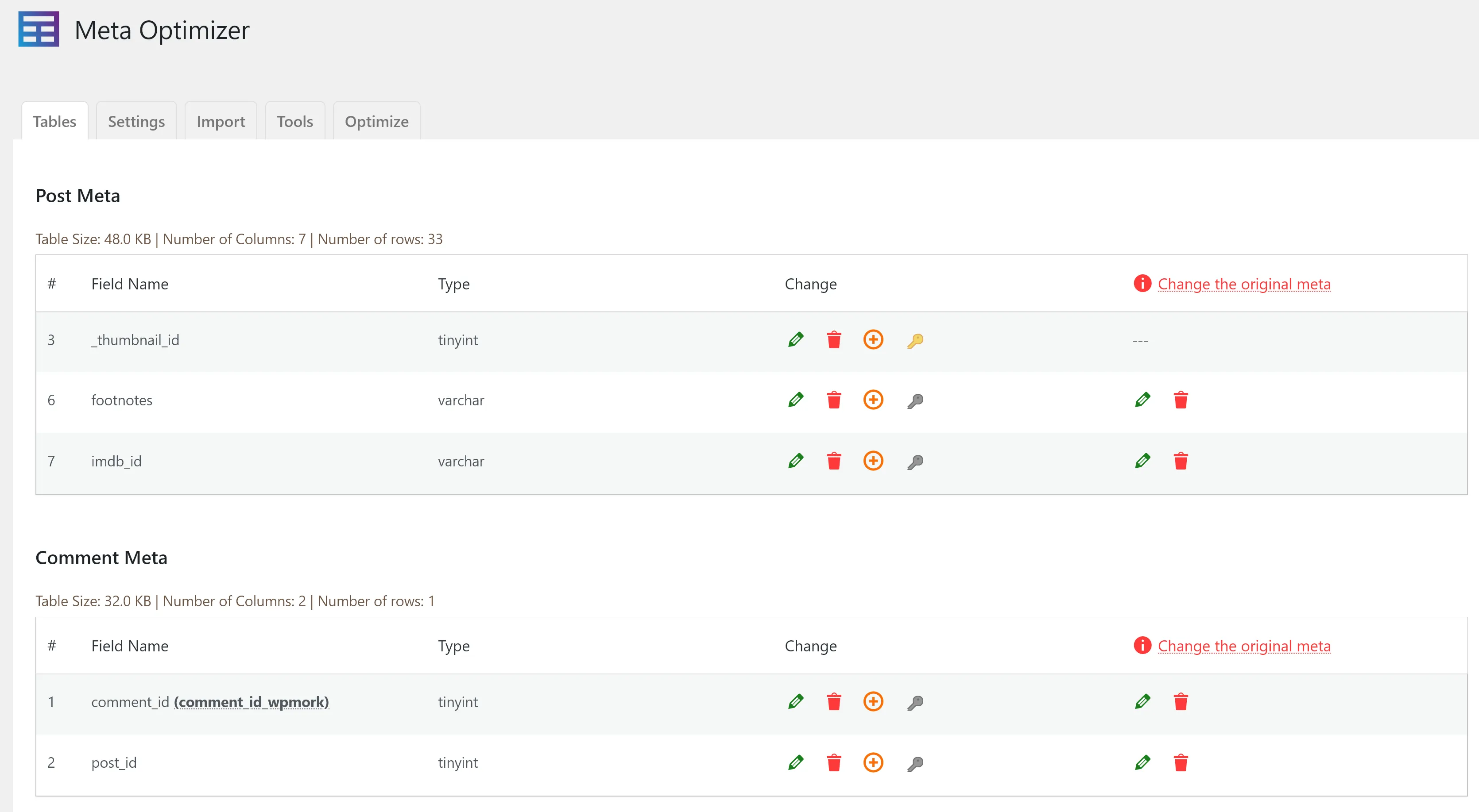 Tables tab, You can manage meta table columns WP Meta Optimizer - Tables tab, You can manage meta table columns