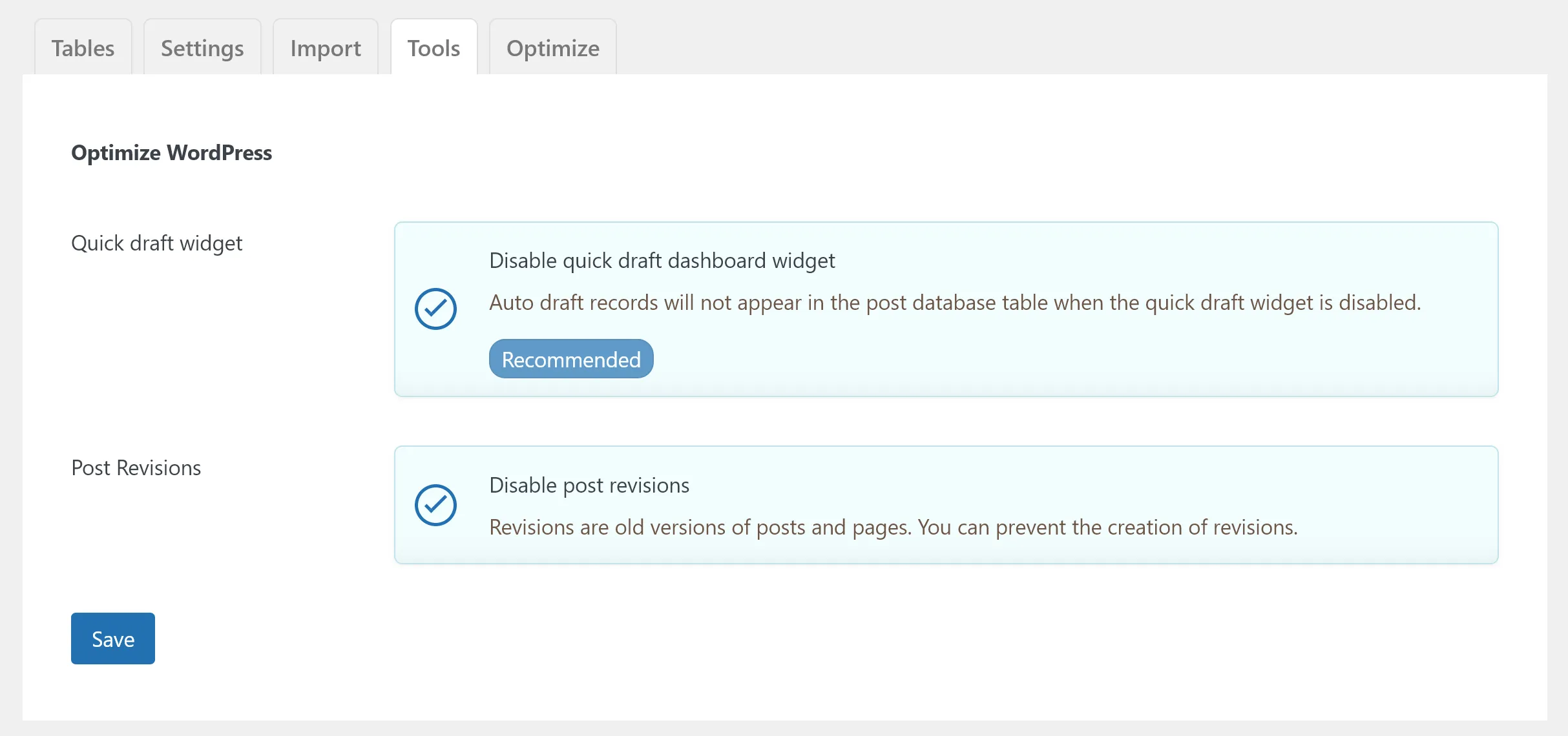 WP Meta Optimizer - Tools tab
